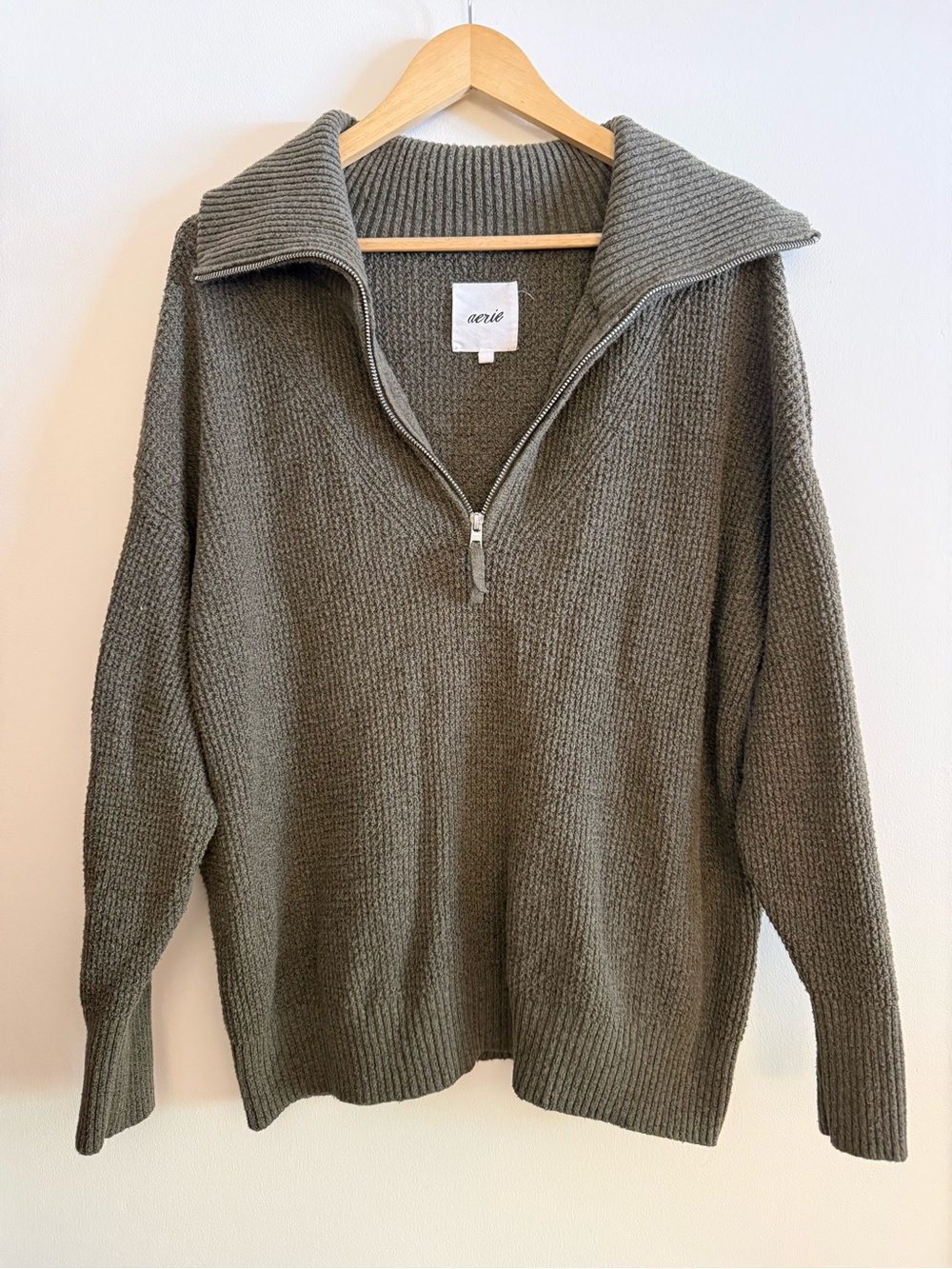 Aerie Olive Green Waffle Knit Quarter Zip Sweater Oversized Cozy Loungewear S